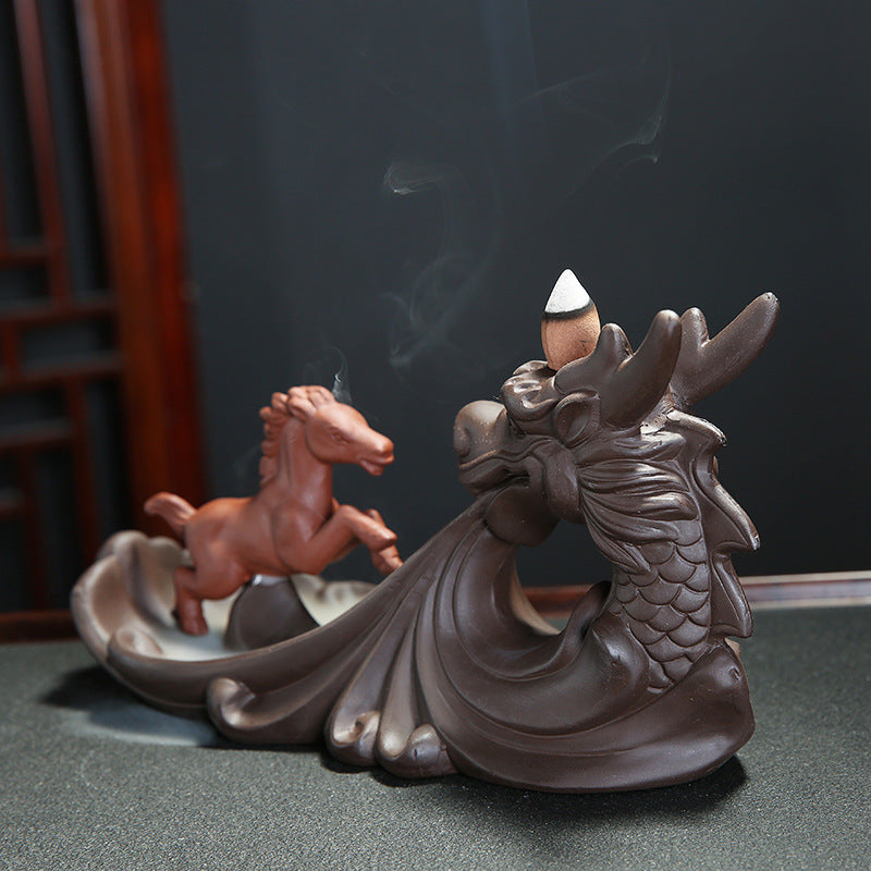 Longma Spiritual Backflow Incense Burner Purple Sand Craft Sandalwood Incense Burner Home Indoor Aromatherapy Burner Creative Ornaments